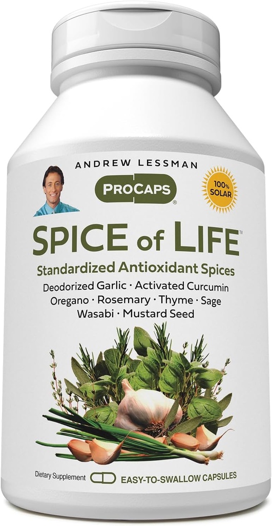 ANDREW LESSMAN Spice of Life 60 Cápsulas - Oito Extratos, Concentrados, estabelecidos cientificamente. Temperos de promoção da saúde. Alho, Curcumina, Orégano, Alecrim, Sábio, Tomilho, Sementes de mostarda, Wasabi