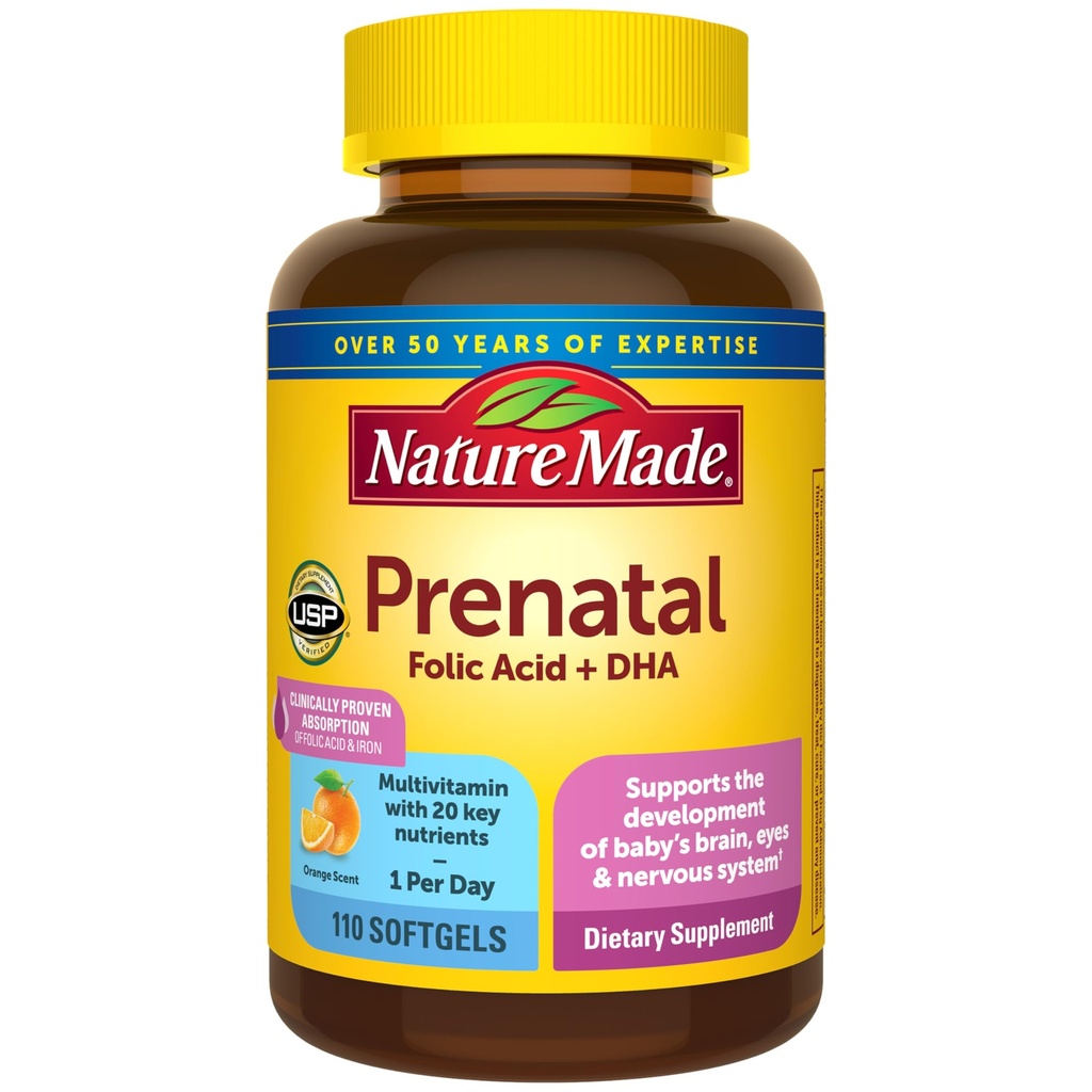 Natureza feita pré-natal com ácido fólico + DHA, vitamina pré-natal e suplemento mineral para suporte nutricional diário, 110 Softgels, 110 fornecimento dia