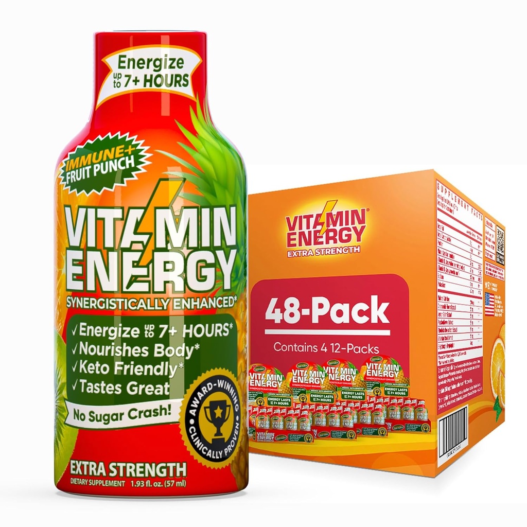 Vitamina Energia Imune+ Força extra Energia Shot Fruit Punch 48 Pack, 260mg Cafeína Natural, B-Vitaminas, Citicolina, Chá Verde, Imunidade e Apoio Foco, Açúcar Zero, Sem glúten 1,93 fl oz