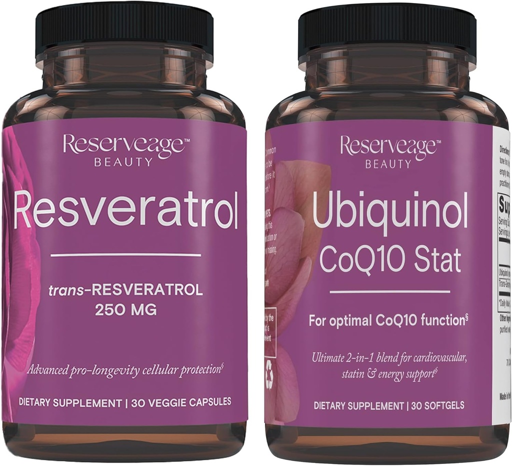 Reservage Beauty, Resveratrol 250 mg, Suplemento Antioxidante para Saúde Cardíaca e Celular 30 Caps & Ubiquinol CoQ10 Stat - Suporte para Sistema Cardiovascular, Níveis de Energia e Saúde Celular - 30
