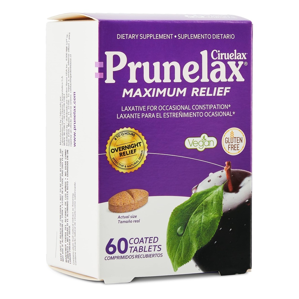 Prunelax Ciruelax Comprimidos Laxantes de alívio máximo com Senna Natural para Obstipação Ocasional, Extrato de Sena, Vegan & Gluten-Free, Gentle Overnight Alief - 60ct