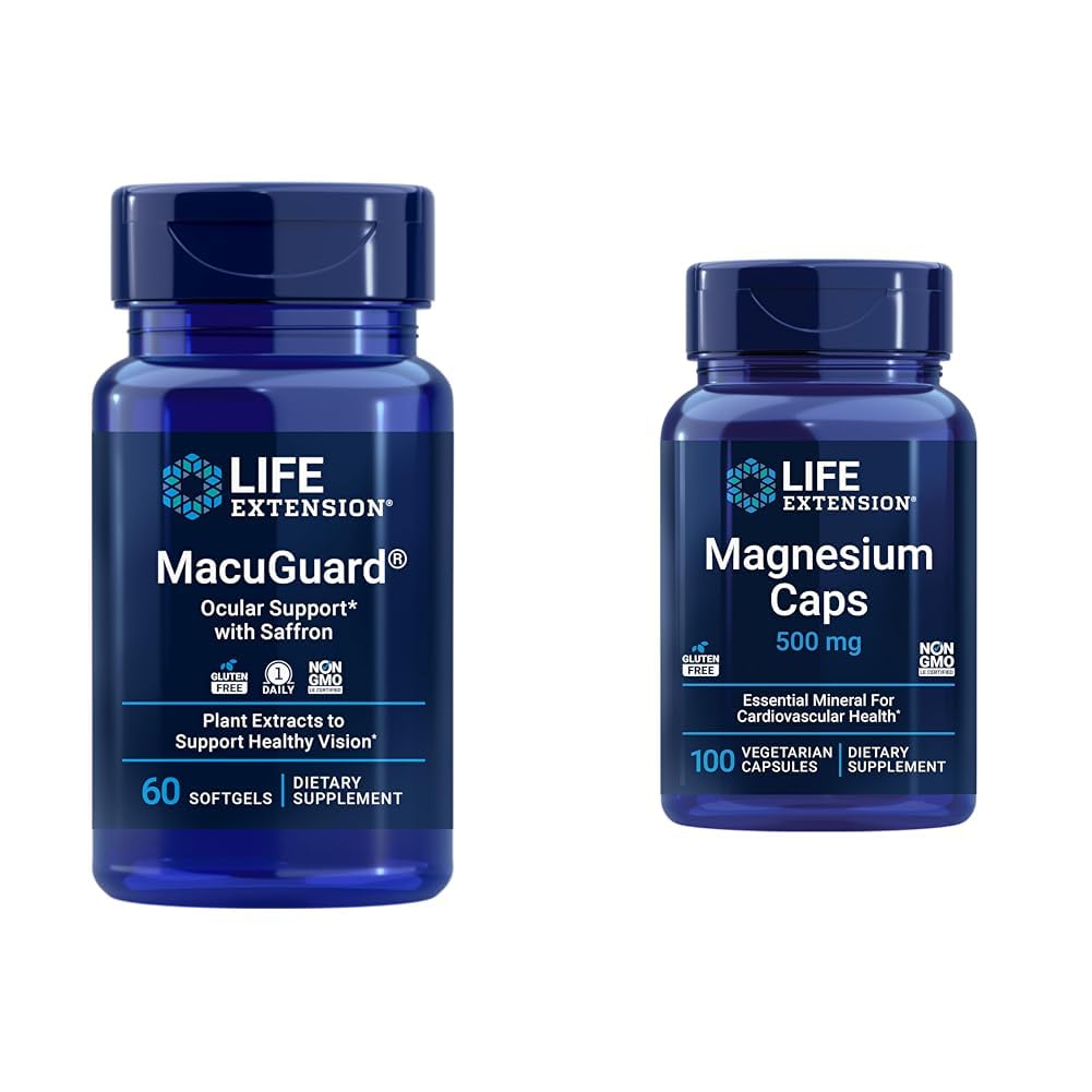 Extensão de vida Suplemento de saúde ocular MacuGuard com cápsulas de magnésio 500mg - Lutein, Zeaxanthin, Meso-zeaxanthin e Saffron para Visão Saudável - 60 Softgels e 100 Cápsulas Vegetarianas