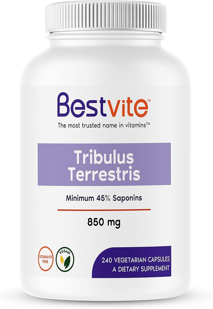 BESTVITE Tribulus Terrestris 850mg por cápsula (240 Cápsulas vegetarianas) - Extrato padronizado - Min 45% Saponinas - Sem Estearatos - Sem Dióxido de Silício - Sem Enchidos - Vegan - Não GMO - Gluten Free