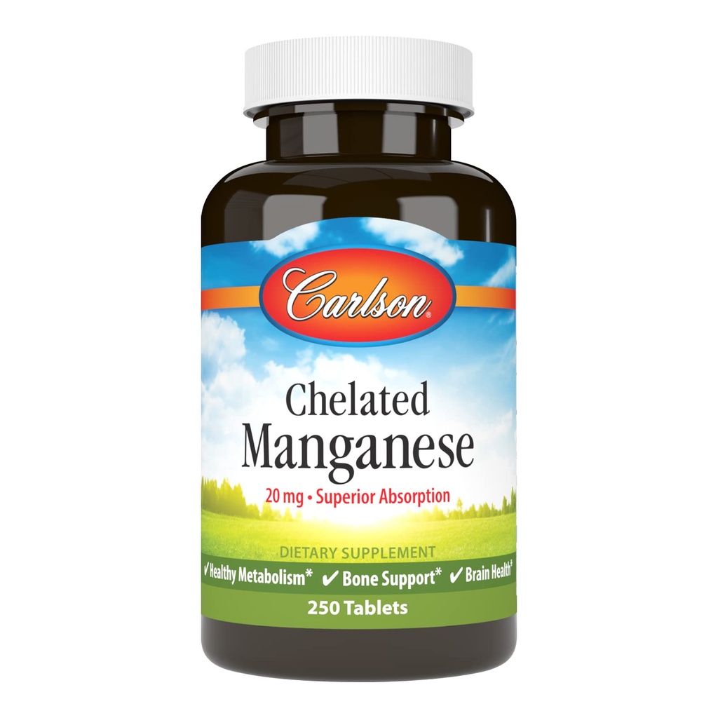 Carlson - Manganês Quelado, 20 mg - Absorção Superior, Metabolismo Saudável, Apoio Ósseo e Saúde do Cérebro, 250 comprimidos
