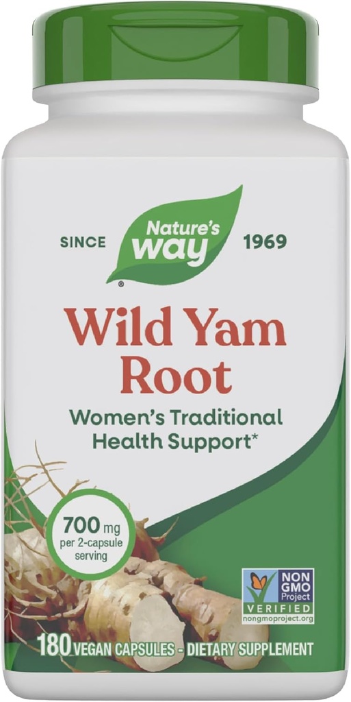 Nature's Way Wild Yam Root, Apoio à Saúde Tradicional das Mulheres*, 700 mg por 2-Capsule Serving, Projeto não-GMO verificado, 180 Cápsulas Vegan (Pacote de Maio Vary)