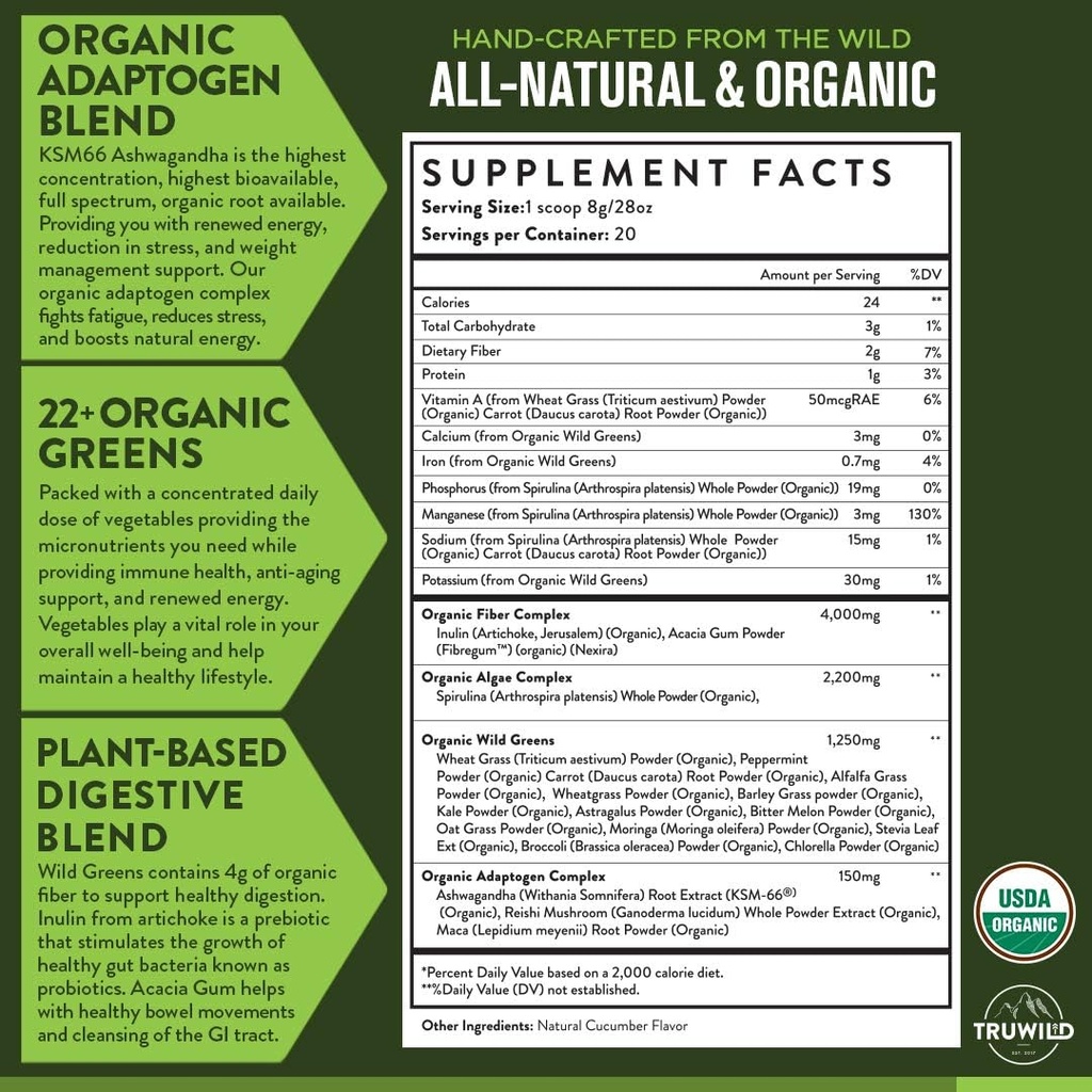 TruWild Greens Superfood Juice Powder, com 22+ Verdes & Anti-Oxidantes, Imune Natural, Estresse, Pó de suporte de digestão, 90 Servões, 3 Pack