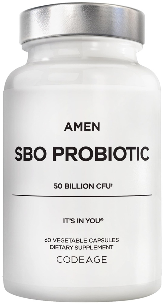 Amen Probióticos Suplemento, SBO Probiótico e Prebióticos Orgânicos, 50 bilhões de UFCs, prateleira estável, Sem refrigeração necessária, Flora Fórmula Probiótico Diário para Mulheres e Homens, Vegan & Não-GMO, 60 Cápsulas