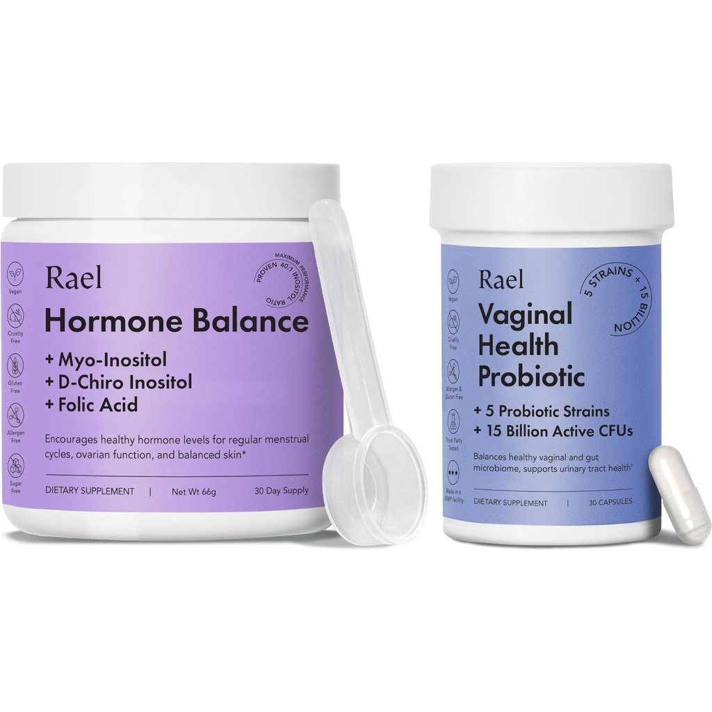 Rael Suplemento para Mulheres Bundle - Equilíbrio Hormônio, Fertilidade e Apoio Ovariano (Fornecimento de 30 dias) & Probióticos, Enzimas Digestivas, Saúde do Trato Urinário (fornecimento de 30 dias)