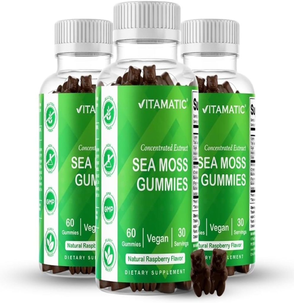 Vitamatic 3 Pack Irish Sea Moss Gummies- 3000mg Equivalente Por Serviço (de Extract 132,5 mg) - 60 Ct - Made with Bladderwrack & Burdock Root - Seamoss Supplement for Thyroid, Energy, Immune Support