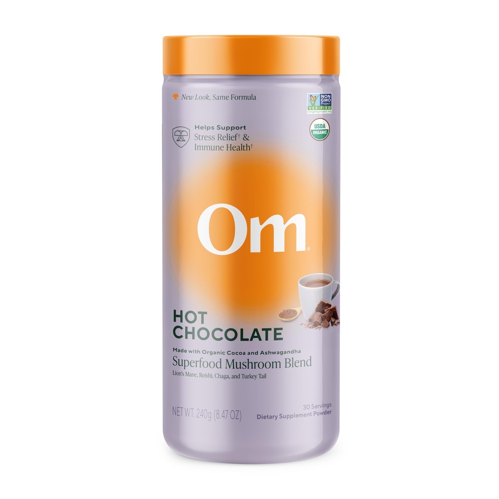 OM MUSHROOM SUPERFOOD Hot Chocolate Mistura – Coco holandês com Mane Leão, Reishi, Chaga & Turquia cauda – Suporta foco, calma & stress alívio – 2g de açúcar, 25 calorias – 8.47 oz Canister (30 Servings)