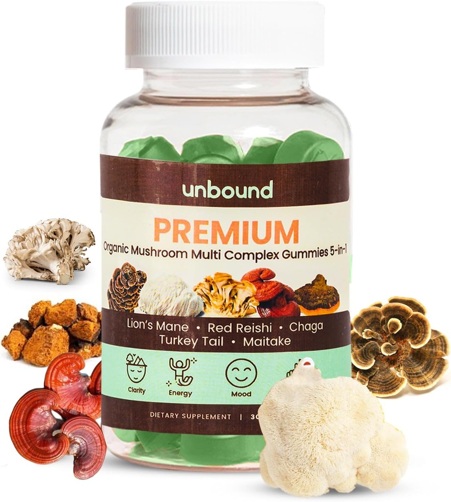 Cogumelos Orgânicos Premium não vinculados Gummies Multi-Complexos para Memória de Suporte 5 em 1, Misturar com Chaga, Mane de Leão, Reishi, Turkey Tail, Maitake - 60 Gummies,