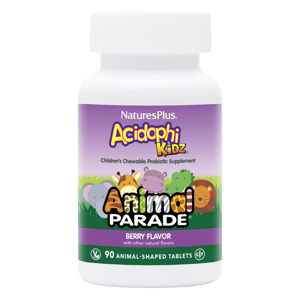 NaturesPlus Animal Desfile AcidophiKidz, Berry Flavor - 90 comprimidos mastigáveis, em forma de animal - pacote de 2 - com Probióticos, FOS & Sementes de uva - 180 Total Servings