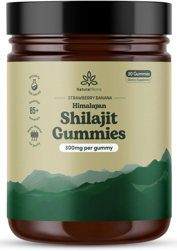 Natural Rems Orgânico Shilajit Gummies para homens e mulheres - Lab Tested - Made in USA - Puro Himalaia Orgânico - Ácido Fulvico - Energia e Foco - Suplementos de Saúde Holística (Strawberry Banana)