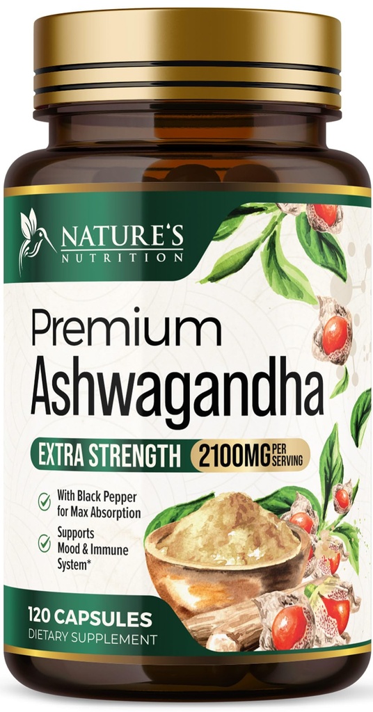 Suplementos Ashwagandha - 2100mg Cápsula Ashwagandha para Mulheres e Homens, Suporte Antioxidante Natural, Extrato de Raiz de Ashwa, Apoio calma de força extra com pimenta preta, Vegan & Gluten Free - 120 Cápsulas