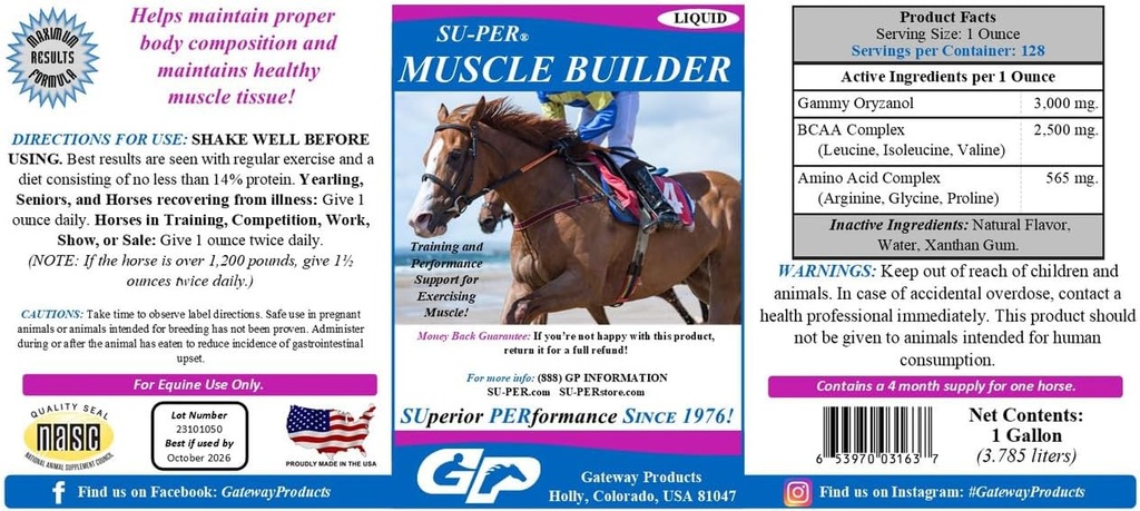 SU-PER Muscle Builder Horse Supplement - Treinamento e suporte de desempenho para exercitar o músculo - 1 Gallon, fornecimento de 4 meses