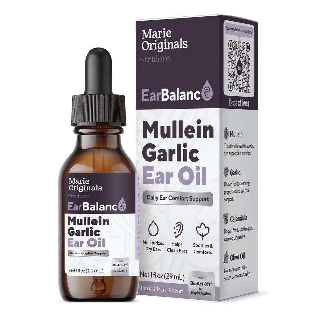 Marie Originals Natural Oil Orelha Drops Orelha Mullein Óleo de Alho Gotas para Prevenção de Infecção, Gotas de dor de ouvido de ervas para adultos, Crianças e animais de estimação, calma dor de ouvido & remoção de cera, remédios de dor de ouvido (1 pacote)