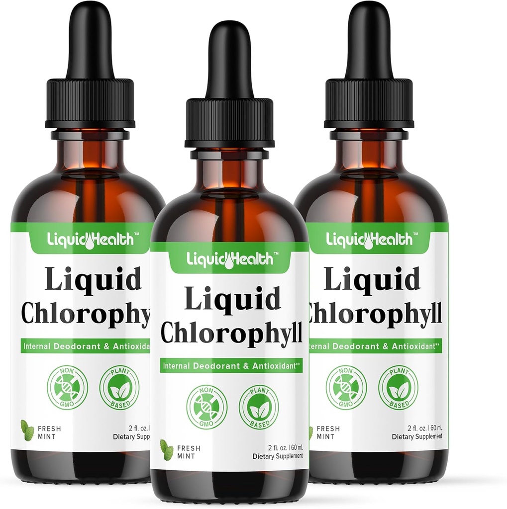 LIQUIDHEALTH Líquido Clorofila Drops - Desodorizante Interno, Antioxidantes, Detox Fígado, Suporte Imune, Aliviar a respiração ruim, Reduzir apetite, Colágeno para a saúde do cabelo e da pele - Vegan, Não-GMO (3 Pack)