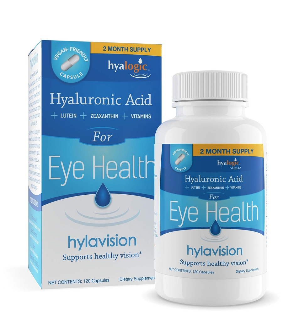 HylaVision Suplementos de saúde ocular: Ácido hialurônico, Lutein e Zeaxanthin Suplementos dietéticos para apoio à visão (120 Cápsulas)— Fórmula Vegan por Hyalogic