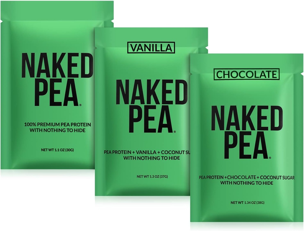 Nu Vegan pacote de amostra de ervilha, ervilha de chocolate, e ervilha de baunilha