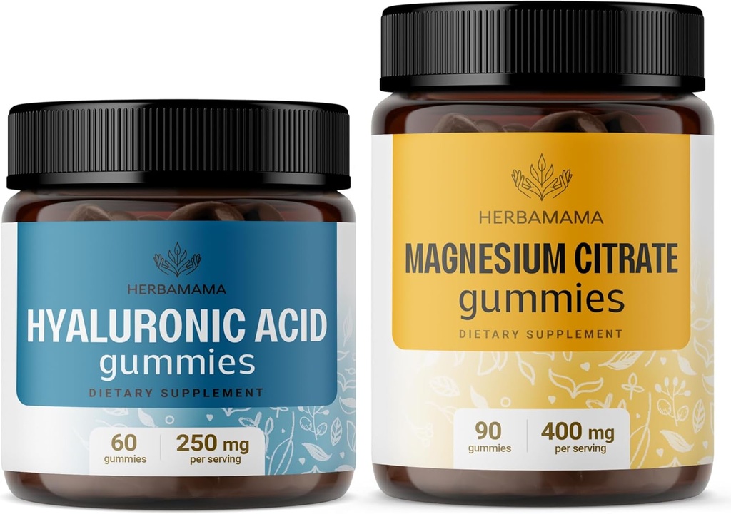 HERBAMAMA Kit de Ácido Hialurônico e Magnésio - Pacote de 250 mg de Ácido Hialurônico e 400 mg de Citrato de Magnésio Gummies - Vegan, Não-GMO, Gelatina - 2 Pack