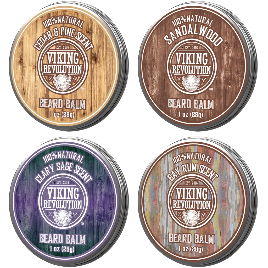 Viking Revolution 4 Balm Balm Variety Pack (1oz Cada) - Sandalwood, Pine & Cedar, Bay Rum, Clary Sage - Estilos, Fortalecimentos e Macio Barbas e Bigodes - Cera para Homens