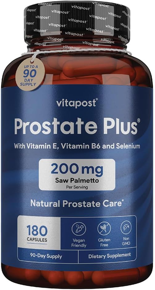 Próstata Plus Natural Próstata e Suplemento de Saúde Urinária para Homens Enriquecido com Serra Palmetto, Vitamina B6, Vitamina E, Selenium e Zinco. 180 Cápsulas