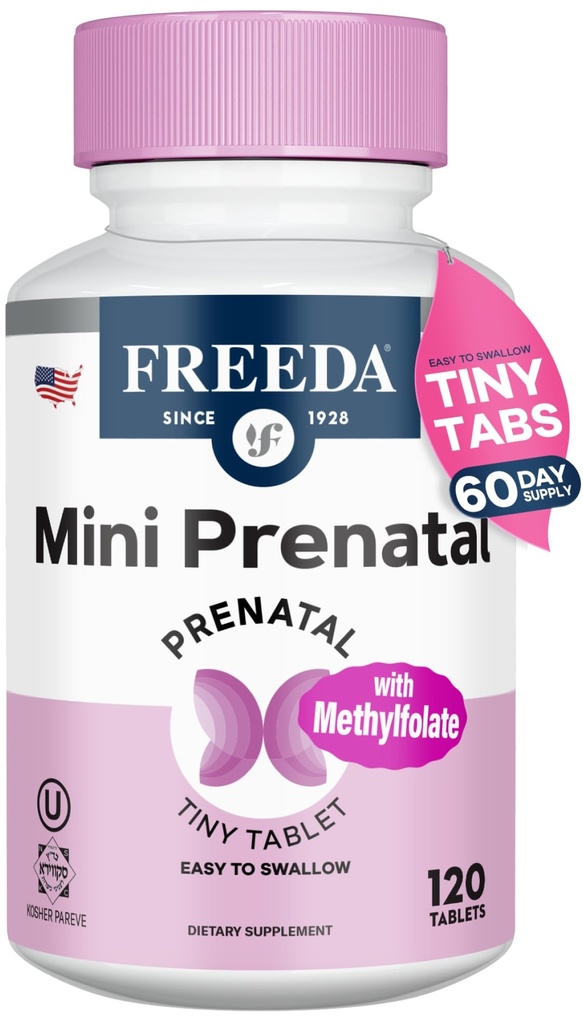 FREEDA Mini Vitamina pré-natal - Kosher Pré-natal - Tiny Fácil de Engolir Comprimidos - Vitaminas pré-natais com ferro, ácido fólico pré-natal/folato, vitamina D - Pré Natal Multivitamin para mulheres grávidas (120)