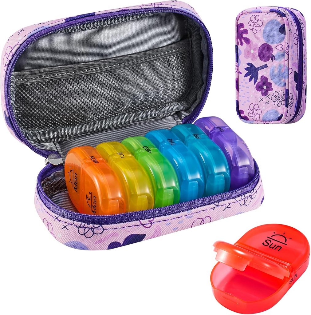 Serfeymi Weekly Travel Pill Organizer 2 vezes um dia AM PM atualizado Rainbow Pill Box 7 dia com Zipper portátil PU Leather Pill Case, Organizer medicina para pílulas, vitaminas, óleo de peixe - roxo 02