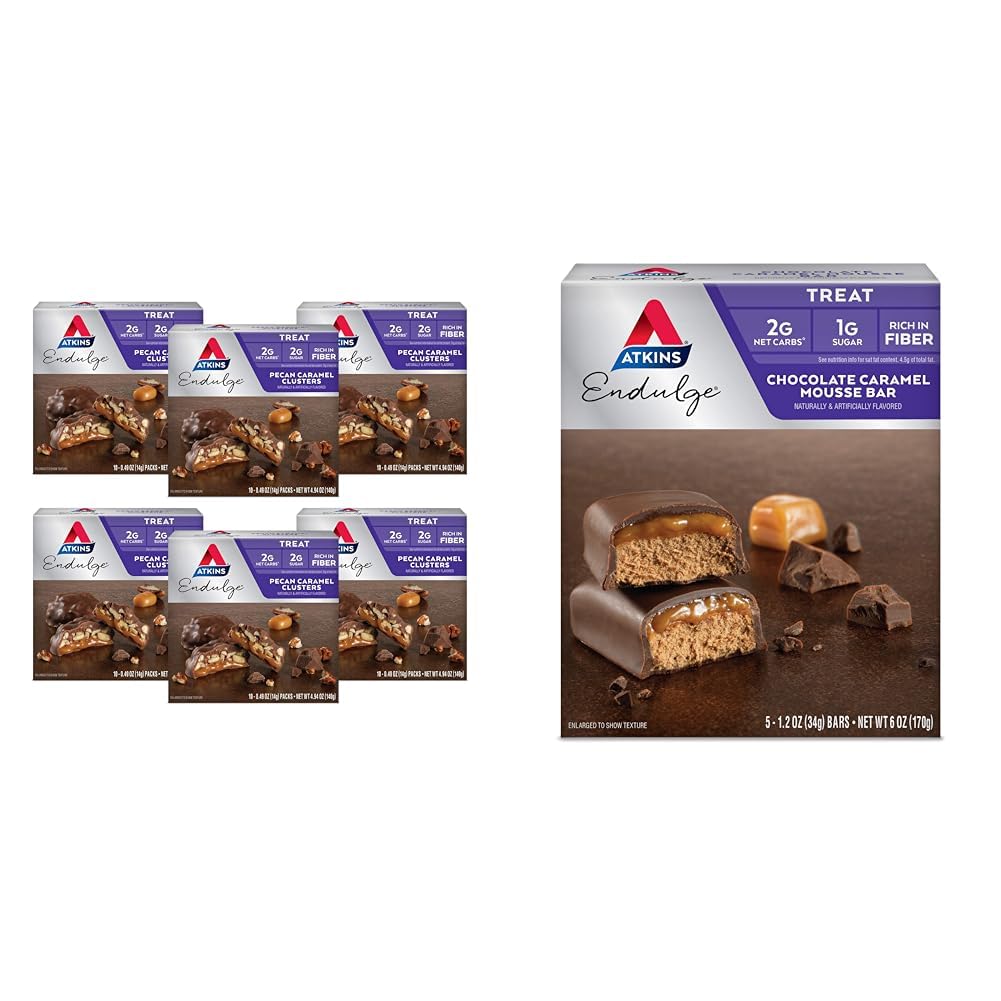 Atkins Pecan Caramel Clusters, 60 Count & Chocolate Caramel Mousse Bares, 5 Count - Baixo Açúcar Sobremesa Favoritos