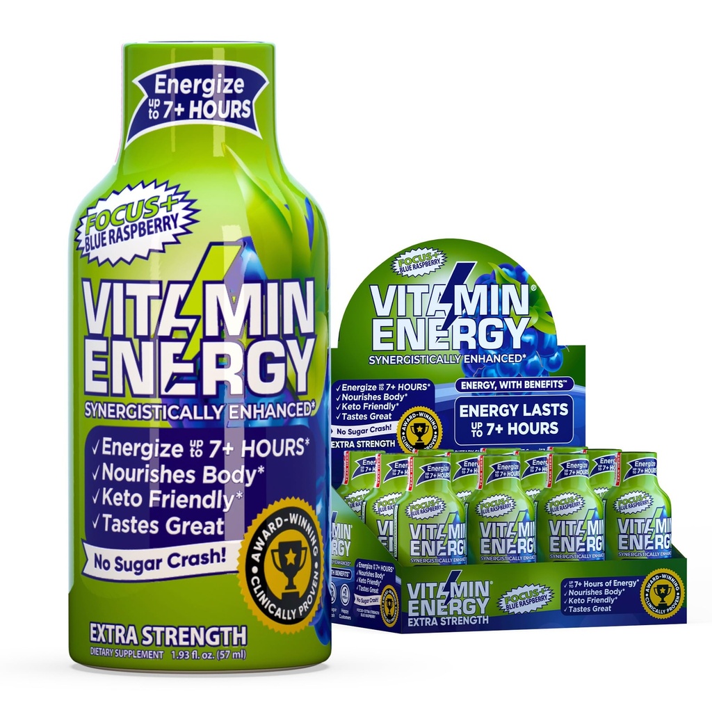 Vitamina Energia Focus+ Energia de força extra Tiro Blue Framboesa 12 Pack, 260mg Cafeína Natural, B-Vitaminas, CoQ10, Aminoácidos, Foco, Produtividade e clareza, Açúcar Zero, Sem glúten, 1,93 fl oz
