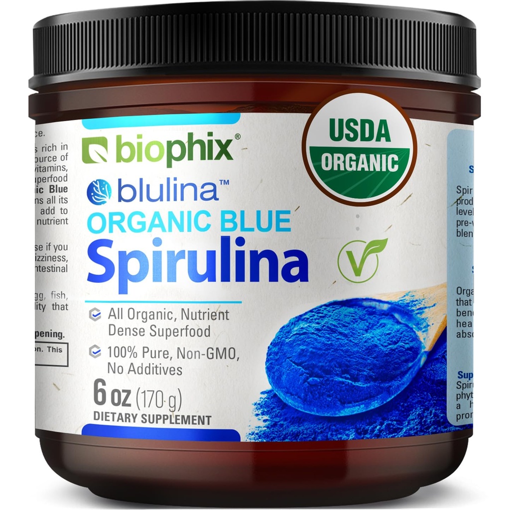 biophix Blue Spirulina Powder Organic Blulina 6 oz - Algae Organic Spirulina Powder 170 Servings - Suplemento Superalimentar - Pigmento Azul Natural - Espirulina en Polvo Organica Pura Azul