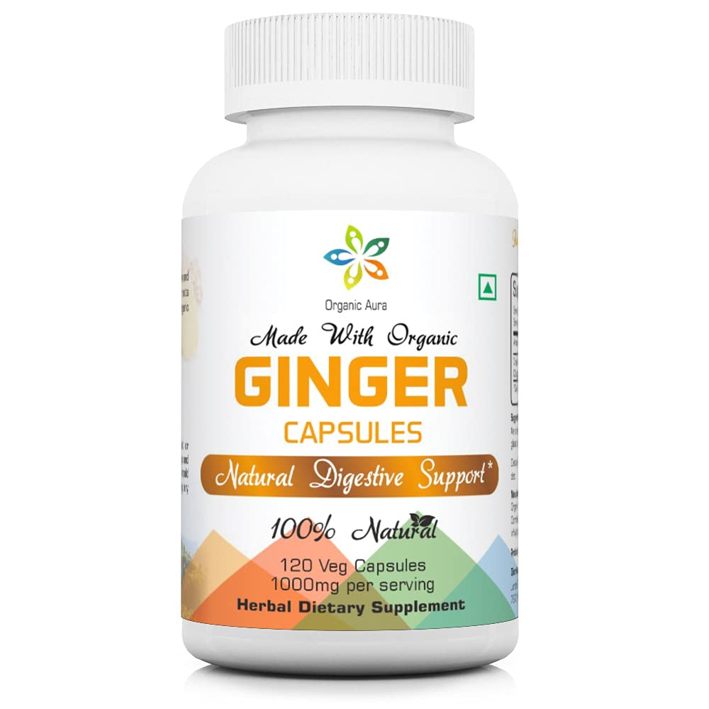 Cápsulas orgânicas de Aura Ginger - 120 Veg Cápsulas. 2 Mês de Fornecimento. Naturalmente aumenta a digestão, o alívio do estômago incomodado e melhora a imunidade. Sem OGM e sem glúten.