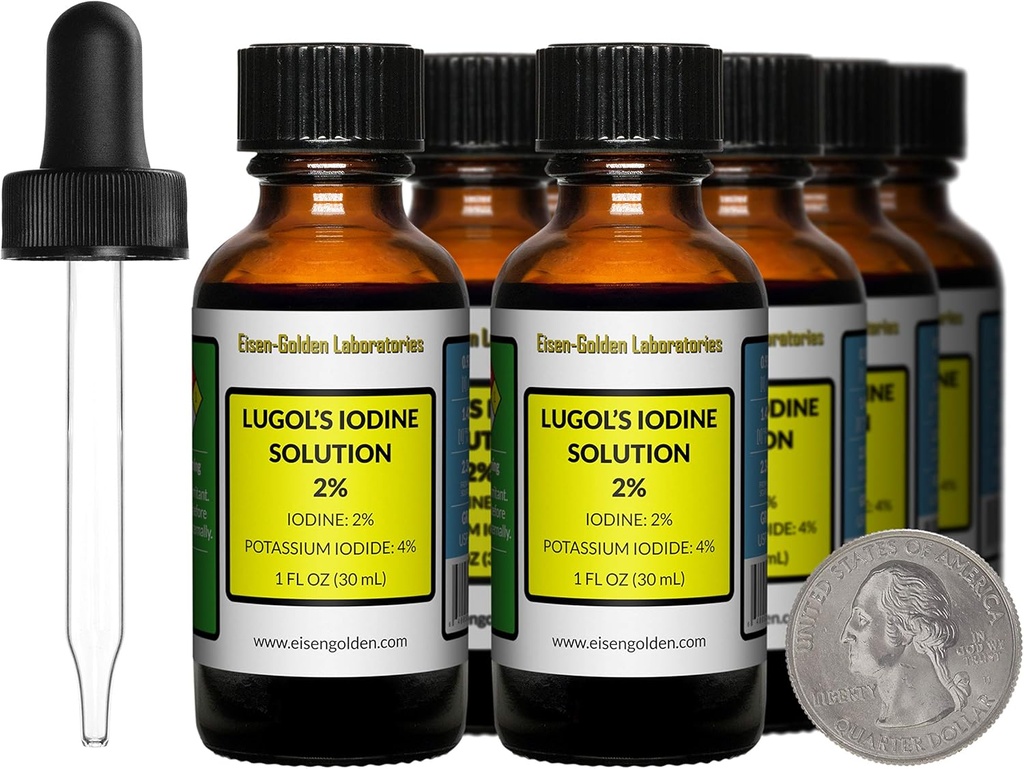 Solução de Iodo de Lugol / 2% / 8 Oz em oito garrafas de vidro âmbar / Droppers grátis