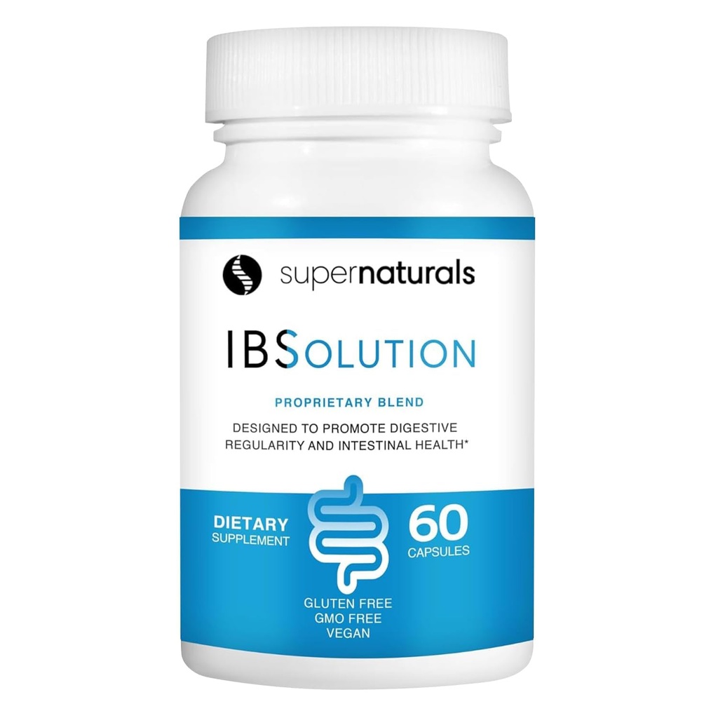SuperNaturals IBSolution - Made in USA, Non-GMO, Gluten Free & Vegan (60 Cápsulas) - Suplemento Digestivo Gut Saúde com Psyllium Husk - Gás, Bloating, Diarréia, Resgate Obstipação, Dor abdominal
