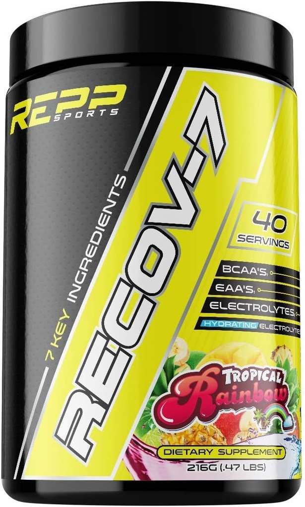 REPP Sports Recov-7 Full Spectrum EAAs e BCAAs □ Recuperação Avançada e Recuperação de Glicogênio para Intra-Workout (Tropical Rainbow, 40 Servings (216g))