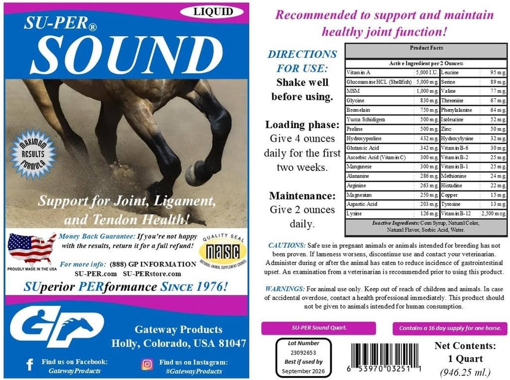 SU-PER Sound Joint Horse Supplement - Suporte à Saúde Conjunta, Ligamento e Tendão - Vitaminas e Minerais Horse, Glucosamina, HSH, Bromelaína, Ácidos Amino, Lisina - 1 Quart, (2 Pack)