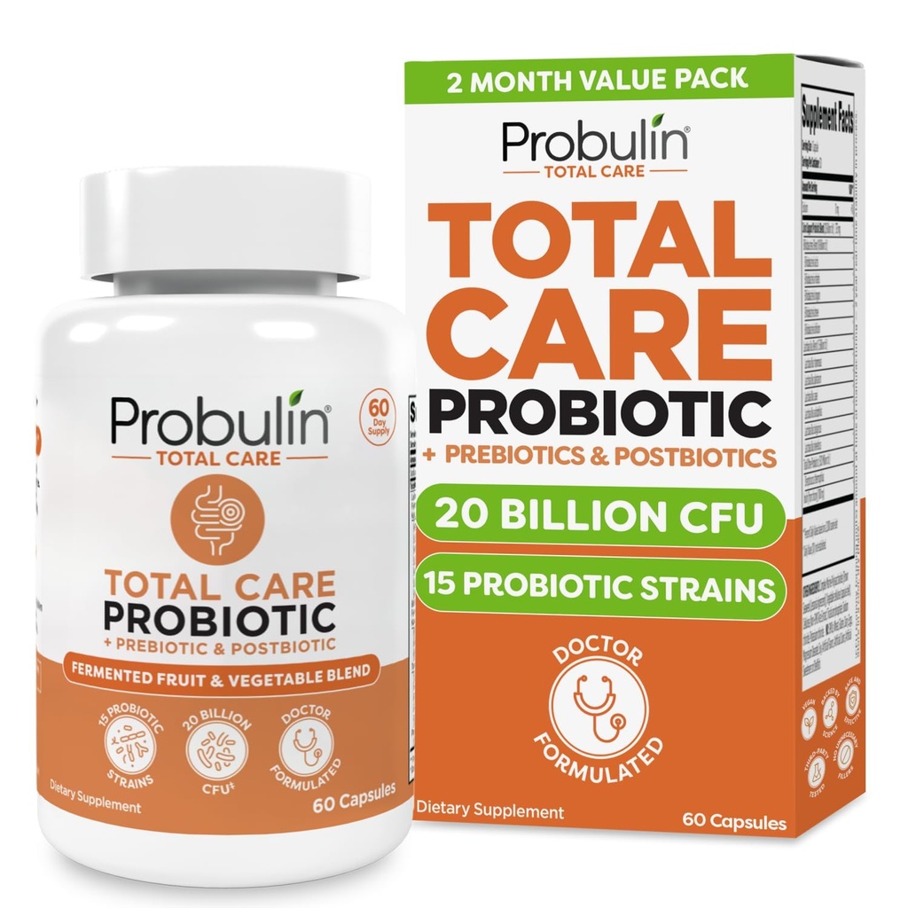 Probulina Total Care Suplemento Probiótico, Gaivota Diária, Digestivo, e Imune Saúde Probióticos Cápsulas para homens e mulheres, 20 bilhões UFC, Vegan, 60 conta garrafa
