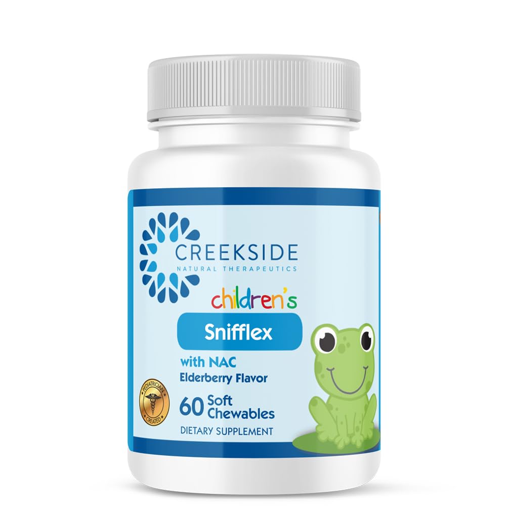 Creekside Naturals Snifflex, Sino Infantil e Suporte Respiratório, Elderberry para a Saúde Imune, Pediatrician Formulado com NAC, Quercetin & Bromelain, Açúcar Zero, Vegan, 60 Mastigabilidades Macio