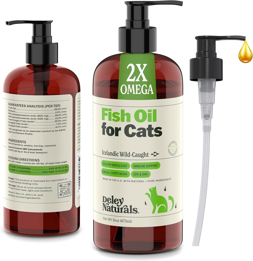 Deley Naturals Wild Caught Fish Oil for Cats with 2X Omega - Cat Fish Oil with Highest EPA & DHA Potency - Omega 3 for Cats for Shedding, Skin, Coat, Joints, Heart and Imune System - Made in the USA