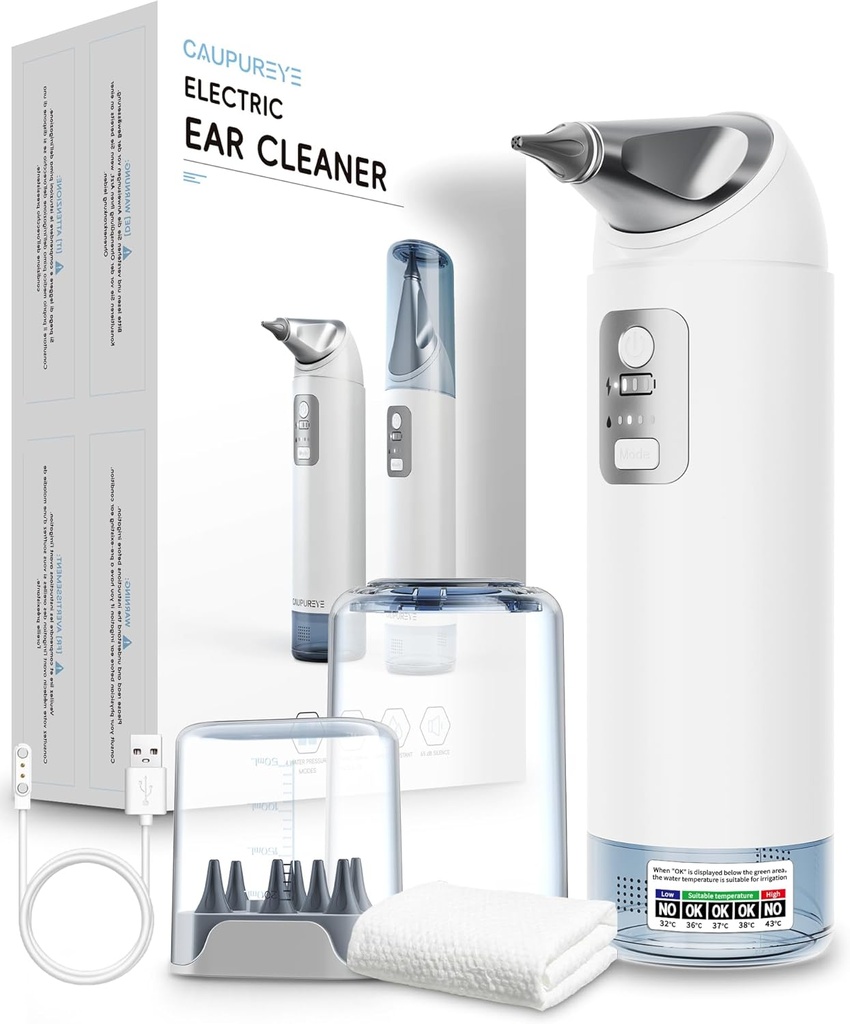 Kit de remoção de cera de ouvido, limpador de ouvido elétrico 360°, Kit de limpeza de ouvido com 4 modos de pressão de água, Kit de remoção de cera de ouvido para sistema de irrigação de ouvido seguro W/8 Irrigação Dicas, baixo ruído, IP65 impermeável
