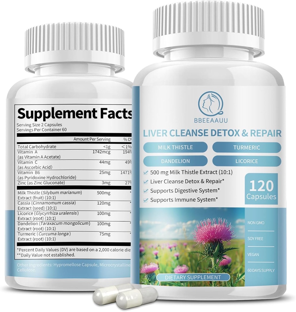 Cápsulas de suplemento de cardo de leite, fórmula de saúde do fígado, com raiz de dente-de-leão, 10:1 Extrato, para suporte de limpeza de detox do fígado, sistema digestivo e imunológico, 120 bonés vegetarianos