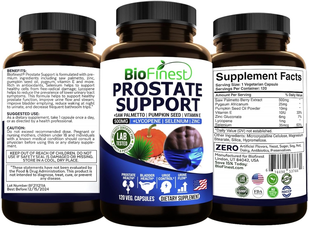 BioFinet Prostate Support for Men - Saw Palmetto Lycopene Pumpkin Seed Pigeum Zinc Selenium - Suplemento de Vitamina de Prostata de Fluxo Urino saudável - Made in USA (120 Veg. Cápsula)