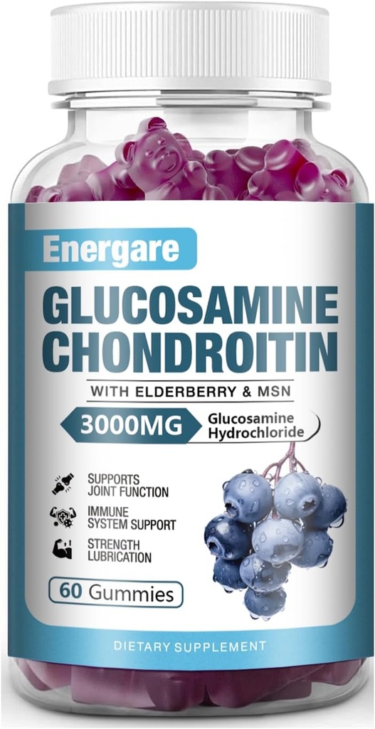1 Pacote 3000mg de condroitina de glucosamina com pastilhas MSM & Elderberry, suporte conjunto de força extra saúde, flexibilidade, antioxidante, goma de suplemento imunológico para adultos, homens e mulheres 60 Condes