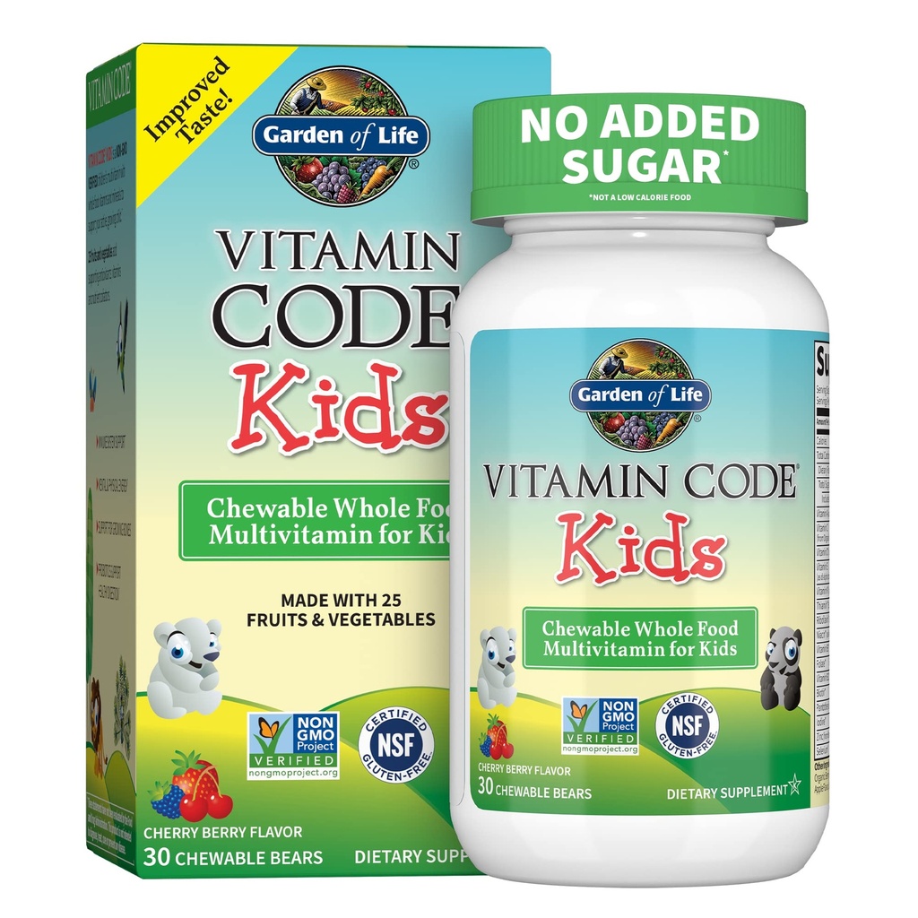 Jardim da Vida Suplemento Vegetariano Multivitamínico para Crianças - Código Vitamina Crianças Mastigáveis Vitamina Raw Whole Food com Probióticos, 30 Ursos Mastigáveis