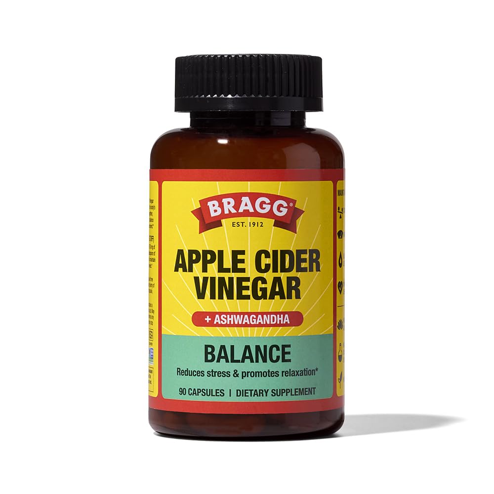 Equilíbrio diário Bragg Apple Cider Vinagre e cápsulas Sensoril Ashwagandha - 750mg de ácido acético – Energia e suporte de gerenciamento de peso - (90 comprimidos)