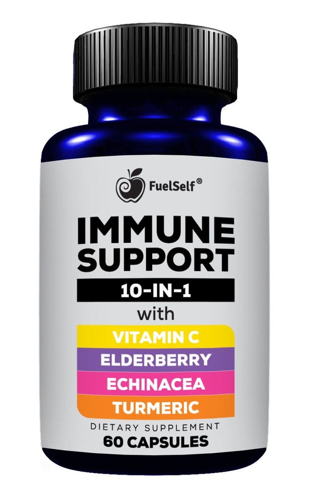 Suplemento de reforço de suporte imunológico com Elderberry, Vitamina C, Echinacea, Curcuminóides Acumênicos, Vitamina E, Vitamina B6, Zinco, L-Glutamina HCL, Alho, Lactobacillus Acidophilus :: 60 Count, 1 Pack