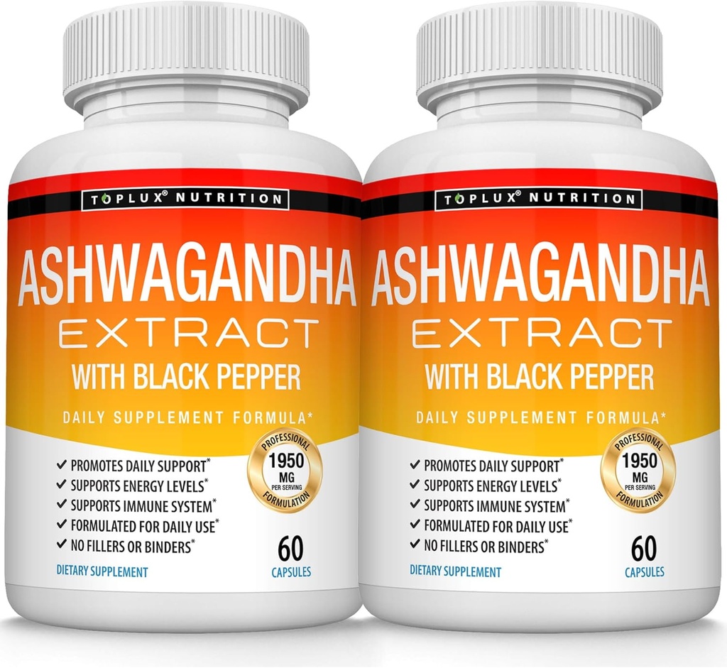 Organic Ashwagandha Root Powder Pills 1950 Mg with Black Pepper Extract - Pure Natural Ashwagandha Supplement, Support Energy, for Men Women, 60 Cápsulas