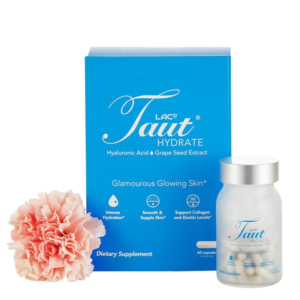 Taut Hydrate Hyaluronic Acid Supplement – 120mg Cápsulas Vegan com extrato de sementes de uva - Hidratação profunda da pele, rugas suaves e brilho Suporte - Colágeno e suplemento anti-envelhecimento para mulheres e homens– 60 Caps