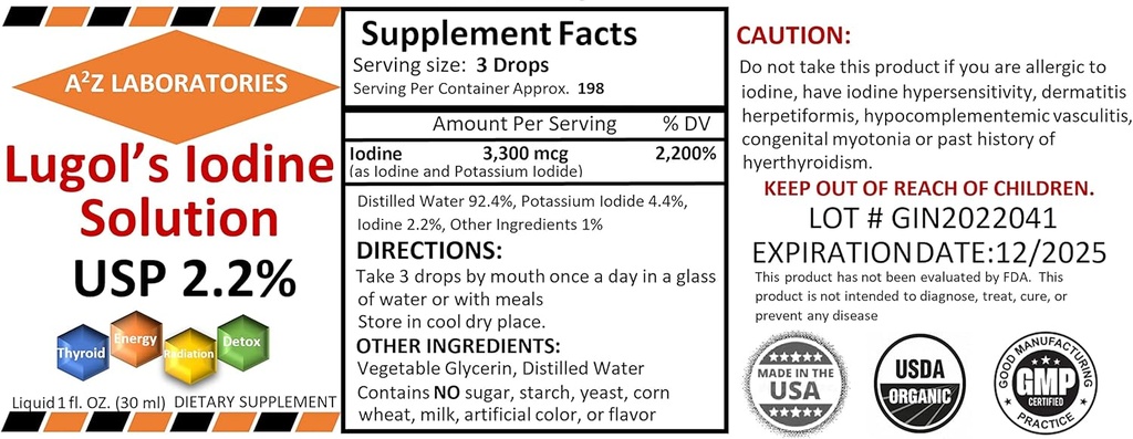 Genéricos Iodo de Lugol Orgânico A2Z e Iodeto de Potássio Solução 2.0%, 1 Fl Oz - Drops de Suplemento Líquido para Suporte à Tiróide, Detox, Metabolismo, Made in USA