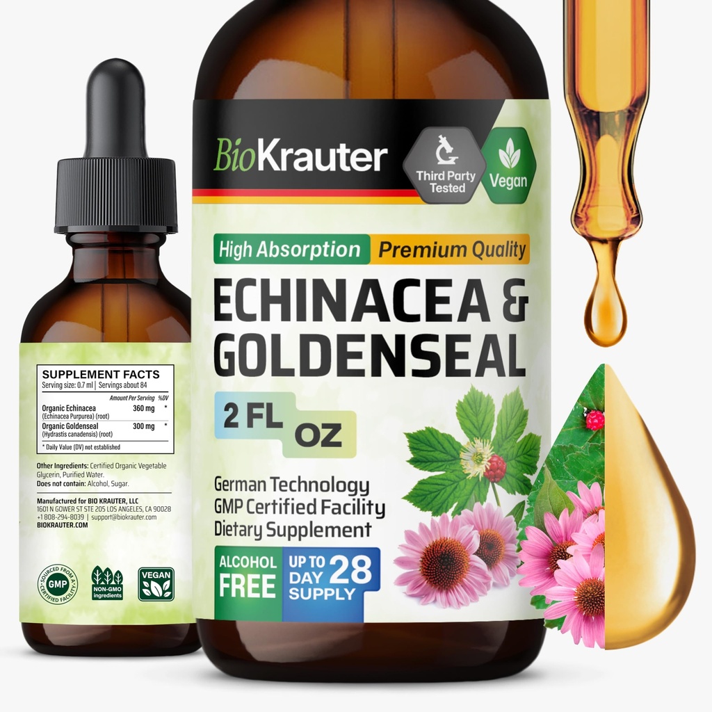 BIO KRAUTER Echinacea e Goldenseal Root Extract Líquido - Suporte Imune Natural - Echinacea Drops com Goldenseal - Vegan, Alcohol & Sugar Free Tintura - 2 Fl.Oz.